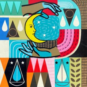 Mixed media painting with bright geometric color blocks in red, teal, black, orange, and cream. Two stylized hands cradle a crescent moon with a face, set against a starry blue square. Other elements include teardrop shapes, triangles, scale/balance symbols, leaf patterns, and scattered stars. The composition uses flat graphic shapes, graffiti-like marks, and folk art symbolism, with visible layering and hard-edge masking between vivid color planes.
