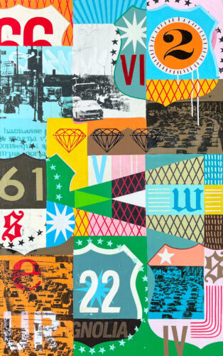 A vibrant, vertical mixed media painting featuring urban and transit-inspired iconography. The piece combines stylized road shields, bold numbers, and Roman numerals with high-contrast, silkscreen-style photographs of city traffic. The composition is layered with neon colors, geometric patterns, stars, and architectural graphic elements.