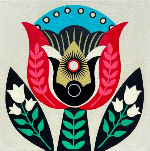 Square acrylic and screen print painting titled Summer Bloom. Geometric folk pattern with large red circle, turquoise zigzags, and cream background. Hard-edge contemporary style, 2026.
